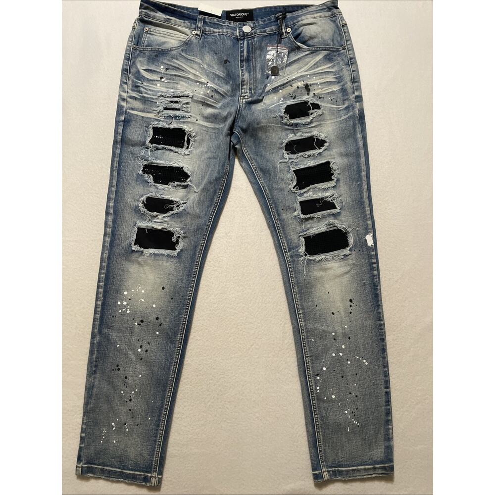 Victorious Jeans Ripped Rhinestone Skinny Leg Y2K Splatter Skater 38x32 Men NWT
